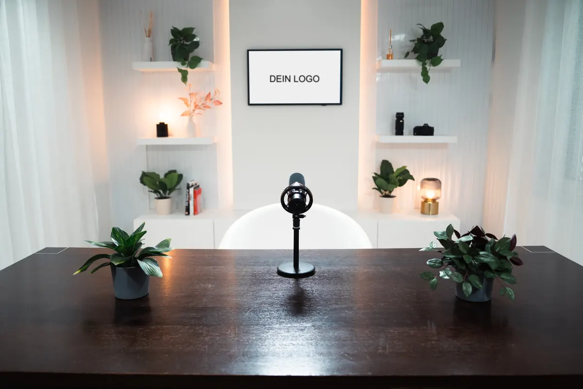 Onvitec Content Studio mit Tisch, Mikrofon, beleuchteten Regalen und Bildschirm für euer Logo